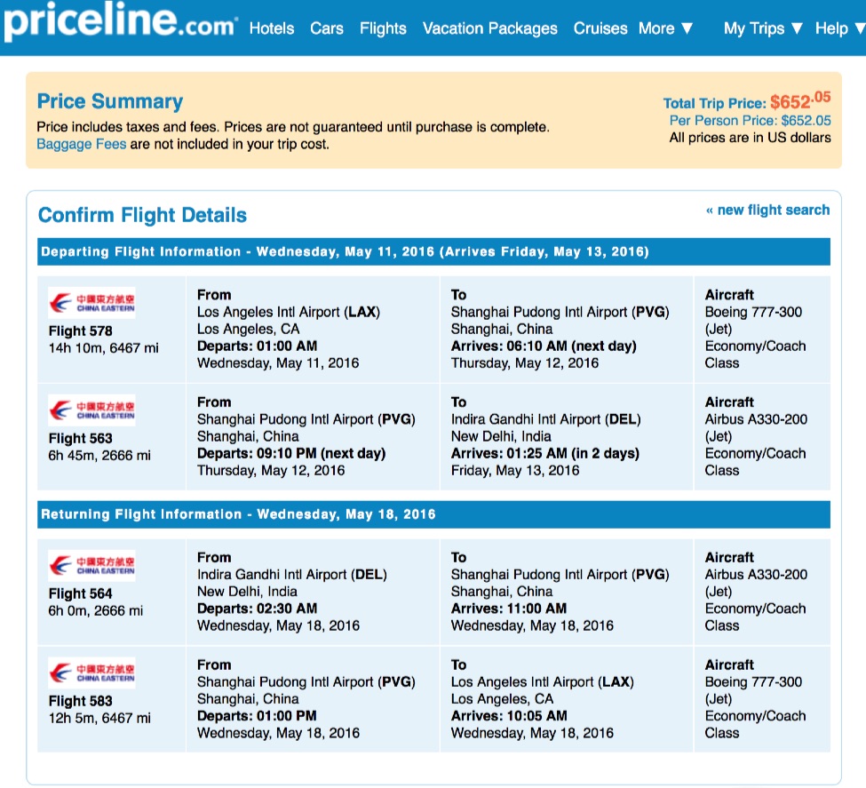 Los Angeles to New Delhi, India