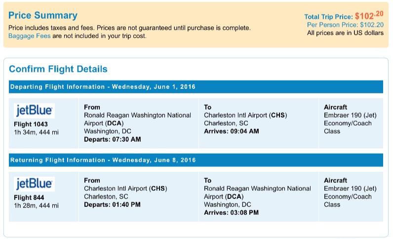 Washington to Charleston