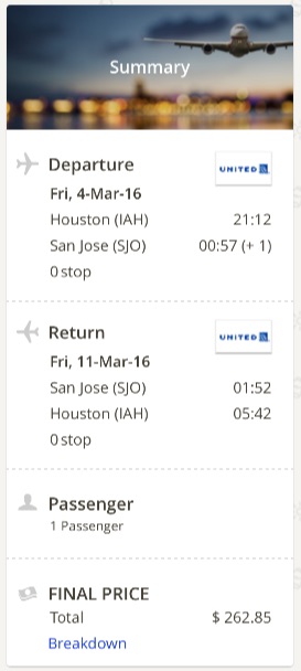 Houston to San Jose, Costa Rica