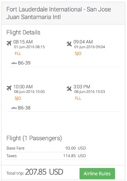 Miami to San Jose, Cost rica