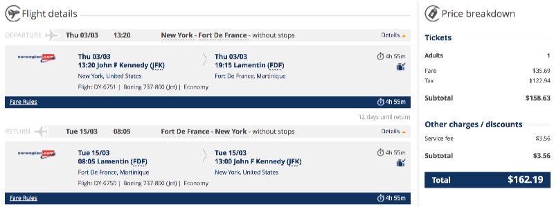 cheap flights from New York to Martinique