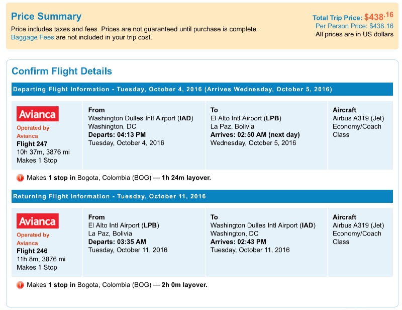 Washington to La Paz, Bolivia