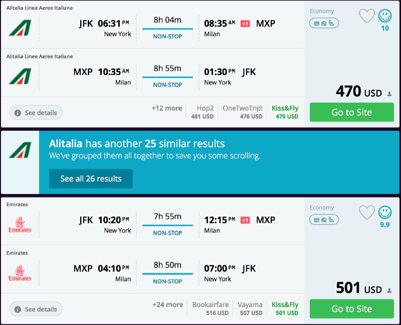 New York to Milan, Italy for 470500 R/T nonstop via Emirates/AA/Delta
