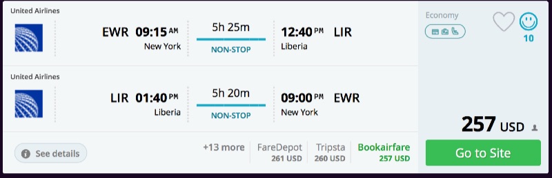 New York to Liberia, Cost Rica