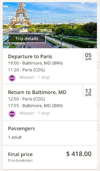 Washington to Paris, France