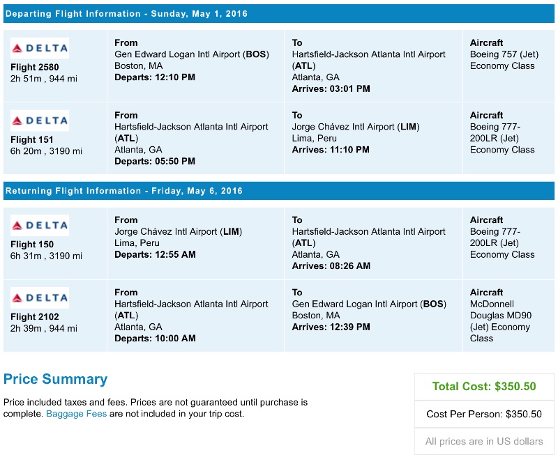 Boston to Lima, Peru