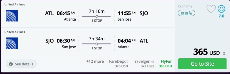 Atlanta to San Jose, Costa Rica