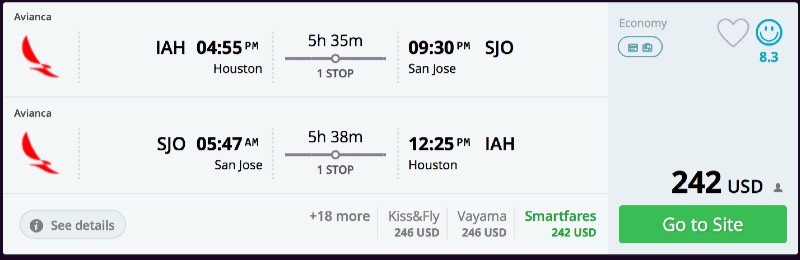 Houston to San Jose, Cost Rica